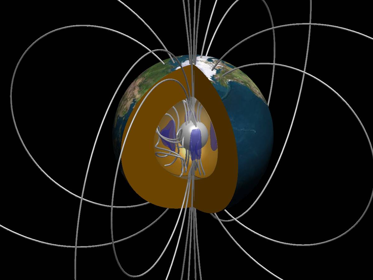 Enlarged view: Magnetic field lines from a numerical dynamo model. Courtesy of J. Aubert.