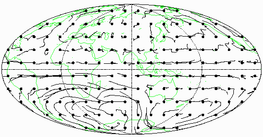Enlarged view: Streak plot showing advection of tracers by flows between 1840 and 1990 from the core flow model uvm-s.